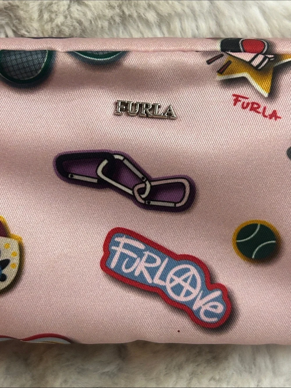 Furla Seasonal pink sticker print canvas clutch, cosmetic bag with mirror/strap